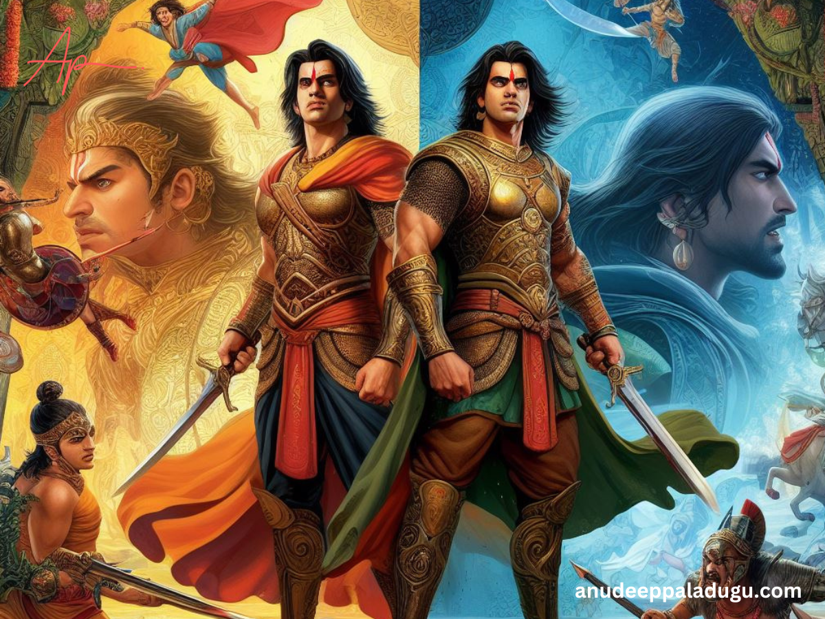Alt text: A digital painting of Karna, a warrior from the Mahabharata, wearing a golden armor and earrings. He is holding a bow and arrow in his hands, and has a determined expression on his face. Behind him, there is a fiery sun and a dark sky with clouds. The image conveys the theme of Karna's reimagined story, where he struggles with his identity, loyalty, and fate.