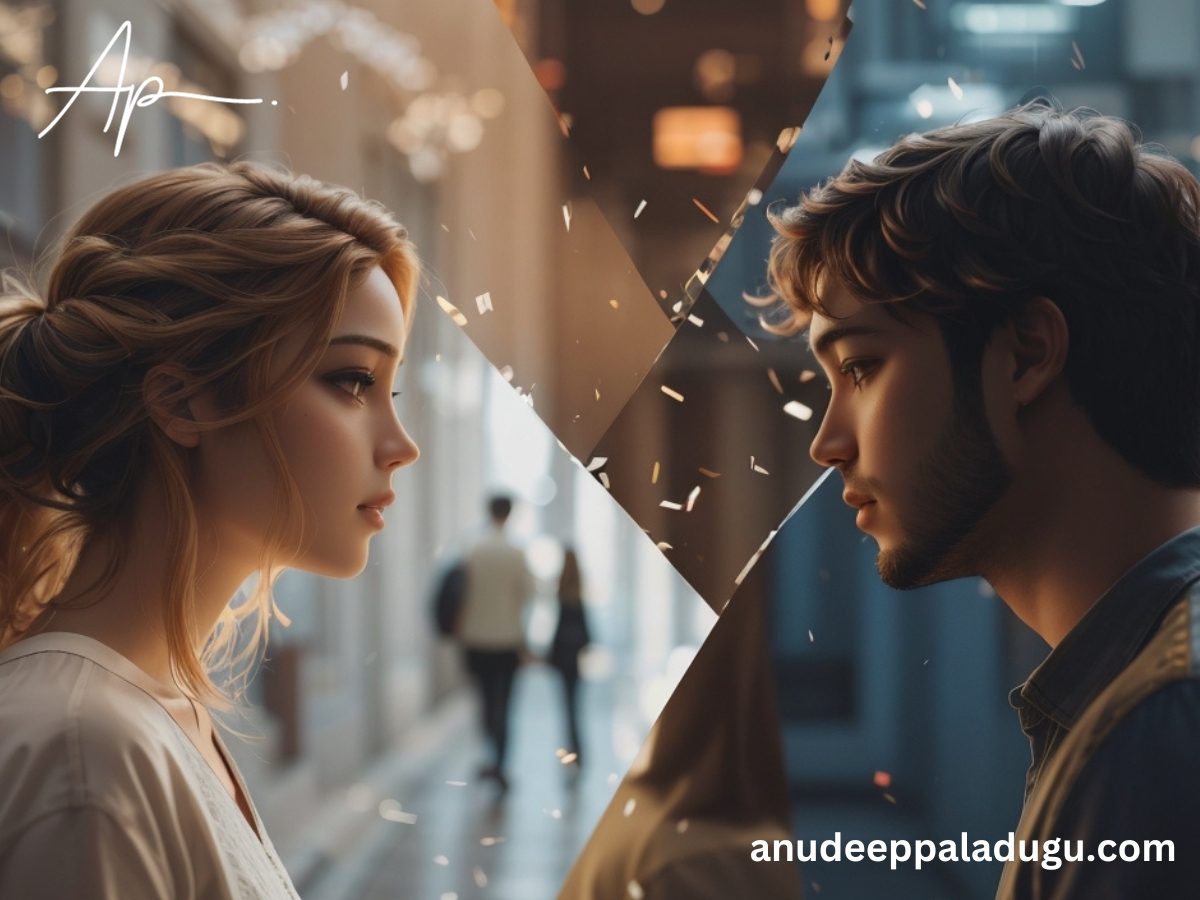 A split-screen image, with one side showing a couple deeply in love and the other side showing a couple drifting apart. Is he truly committed to you? Our AI platform can show you both scenarios.
