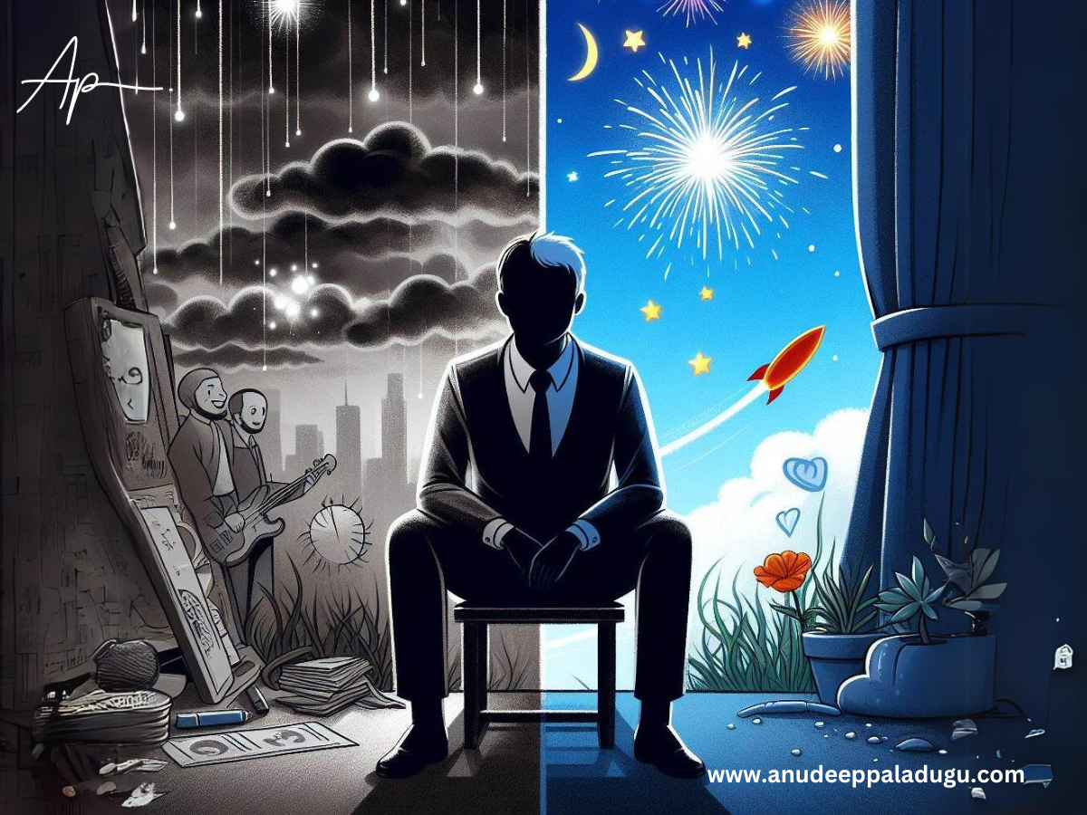 An illustration of a person's life divided into two halves: one dark and gloomy with fireworks in the night sky, and one bright and hopeful with opportunities in the day time